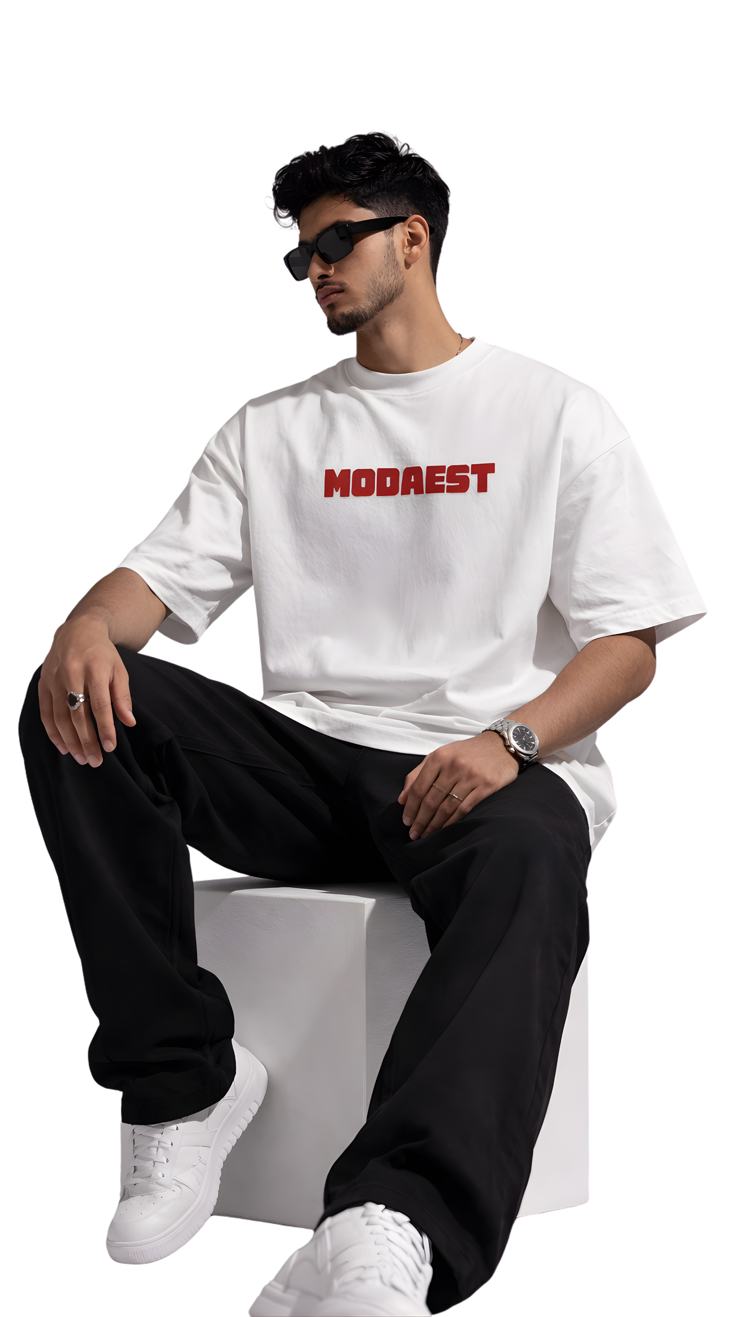 Oversized white t-shirt featuring 'Clawsome' graphic design by Modaest, laid flat on a neutral background.