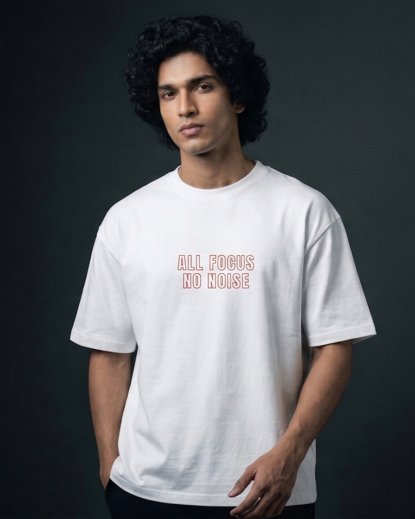 Front view of Modaest Focus Mode oversized T-shirt in soft fabric with bold printed text and relaxed fit.