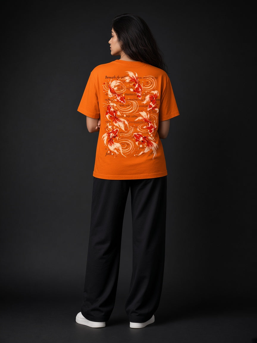 A woman shown from the back wearing a bright orange t-shirt with a large back graphic of red and white koi fish, paired with black pants and white sneakers, set against a dark studio background.