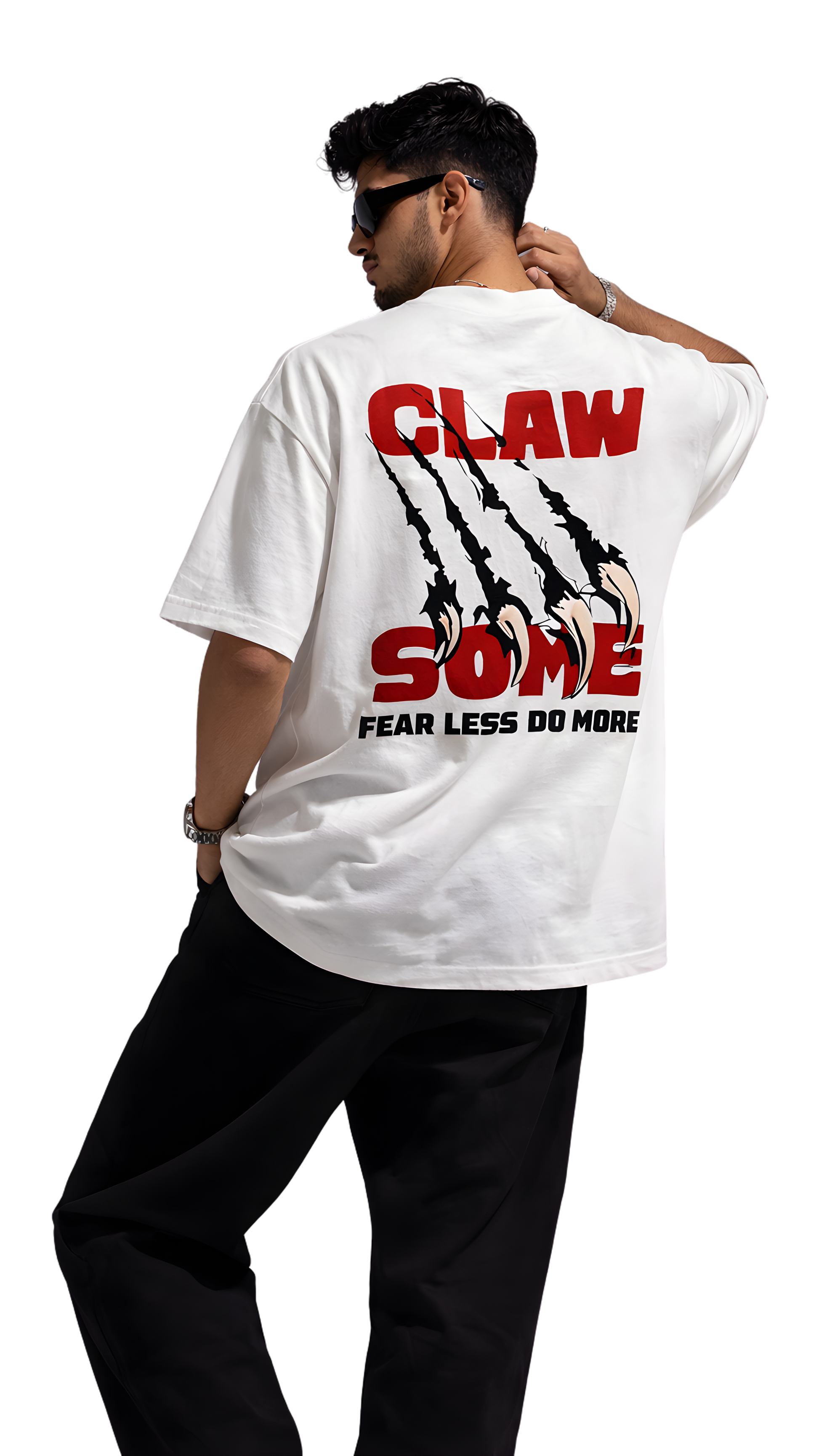 Back view of the Clawsome oversized white t-shirt by Modaest, showcasing its relaxed fit and stylish design.
