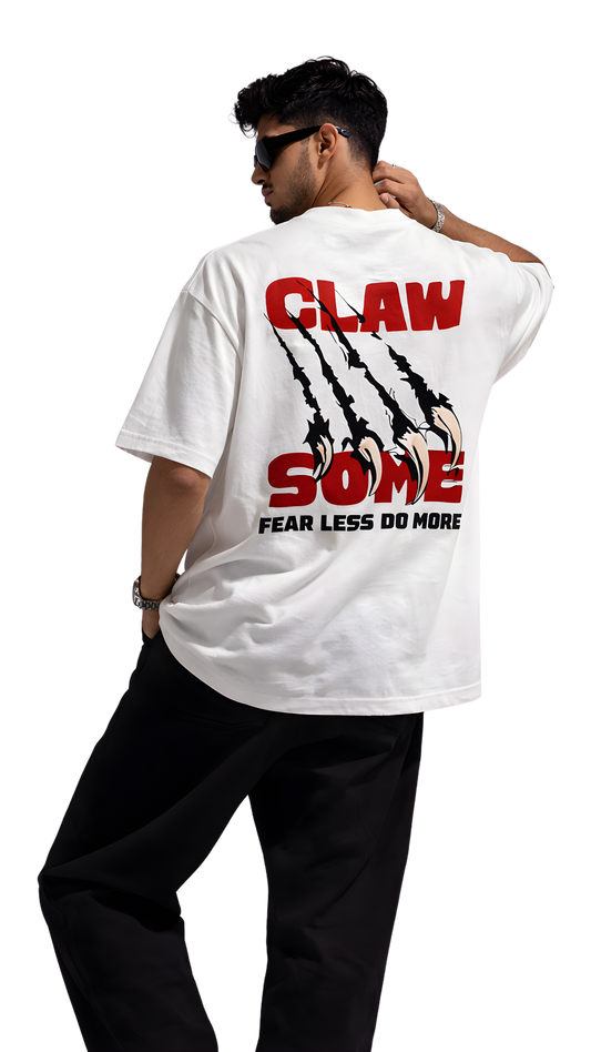 Back view of the Clawsome oversized white t-shirt by Modaest, showcasing its relaxed fit and stylish design.