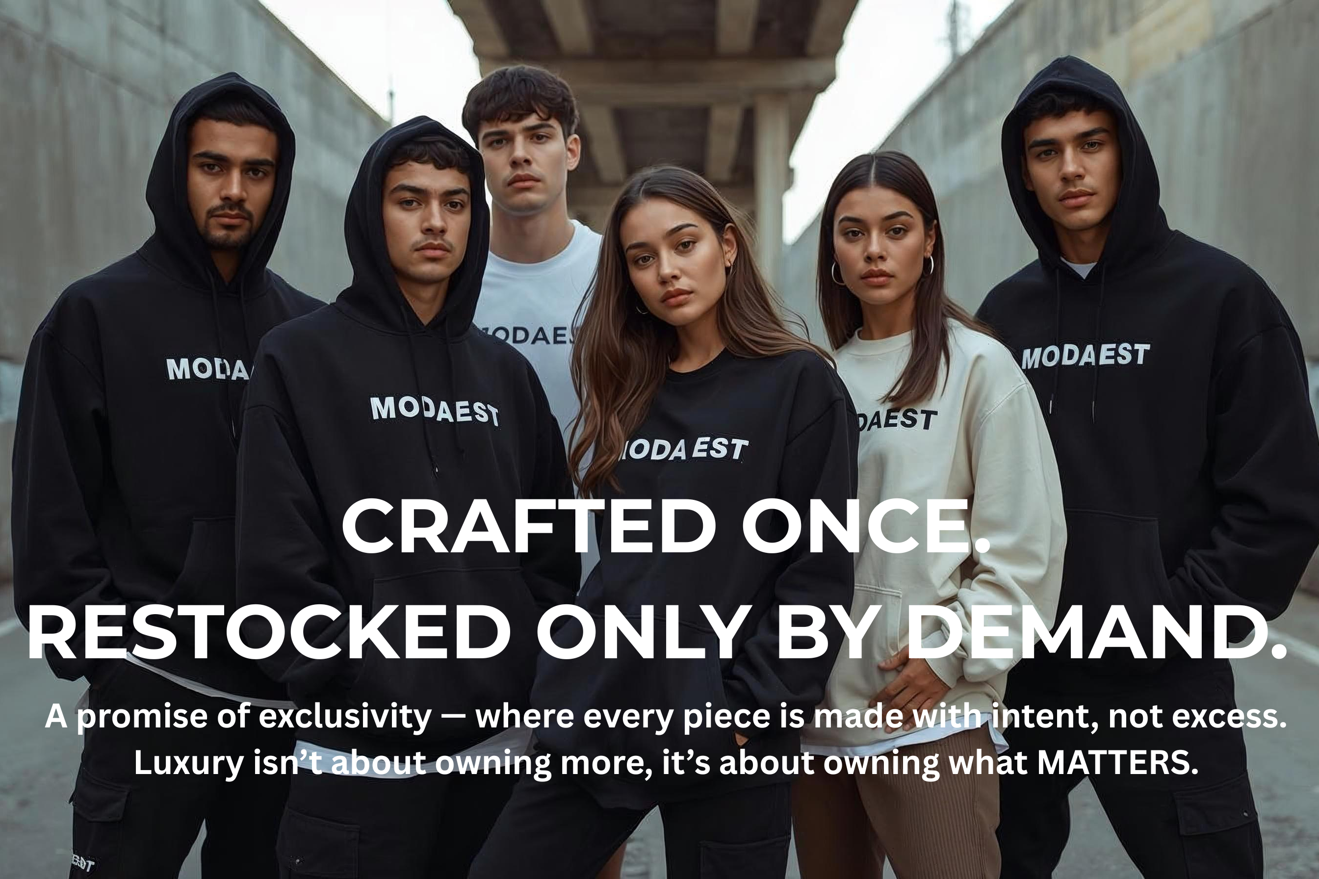Group of people wearing black hoodies with 'MOAAEST' branding in an urban setting.