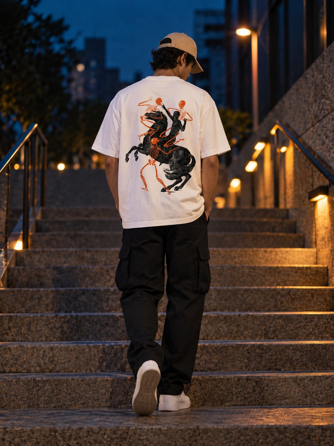 A man viewed from behind walking up outdoor stone stairs at dusk, wearing a white graphic T-shirt with a large black and orange horse design on the back, black cargo pants, white sneakers, and a beige cap.