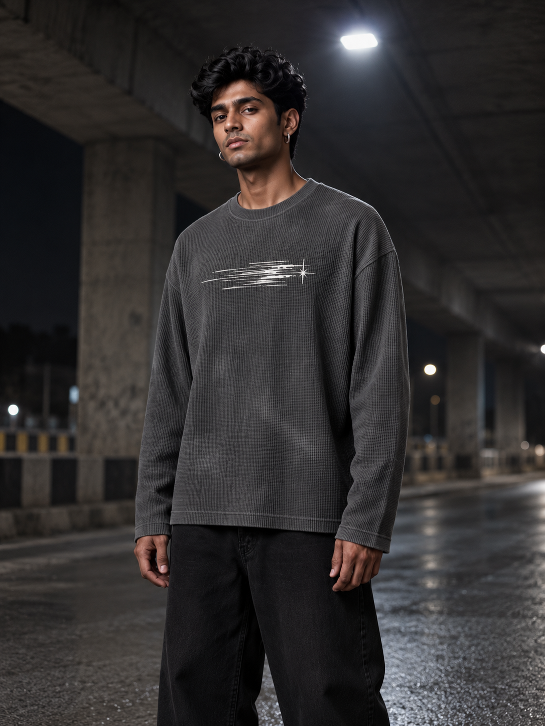 A man wearing a dark gray washed crewneck sweatshirt with a white graphic print on the chest, standing under a concrete bridge at night.