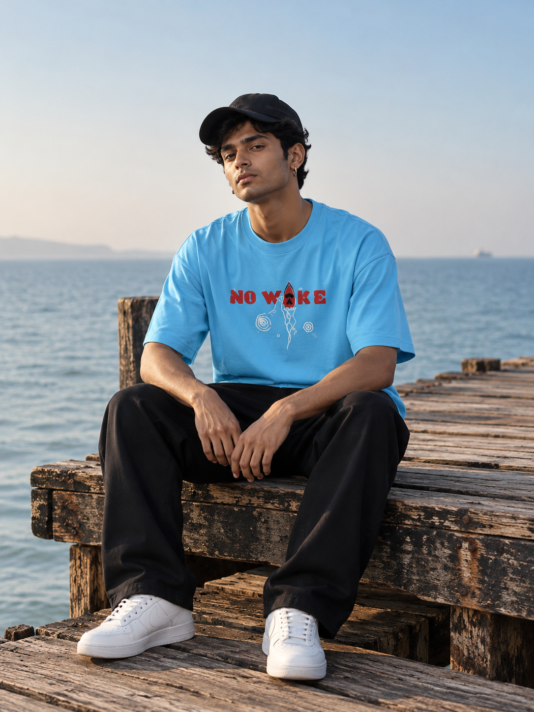 A man sitting on a weathered wooden pier by the sea, wearing a light blue crewneck t-shirt with a red and white graphic print that reads 'NO WAKE', black pants, white sneakers, and a black baseball cap.