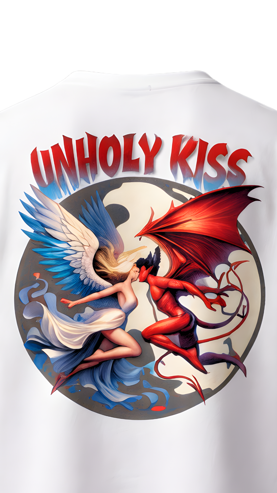 White oversized t-shirt featuring "Unholy Kiss" graphic by Modaest, showcasing a relaxed fit and unique design.