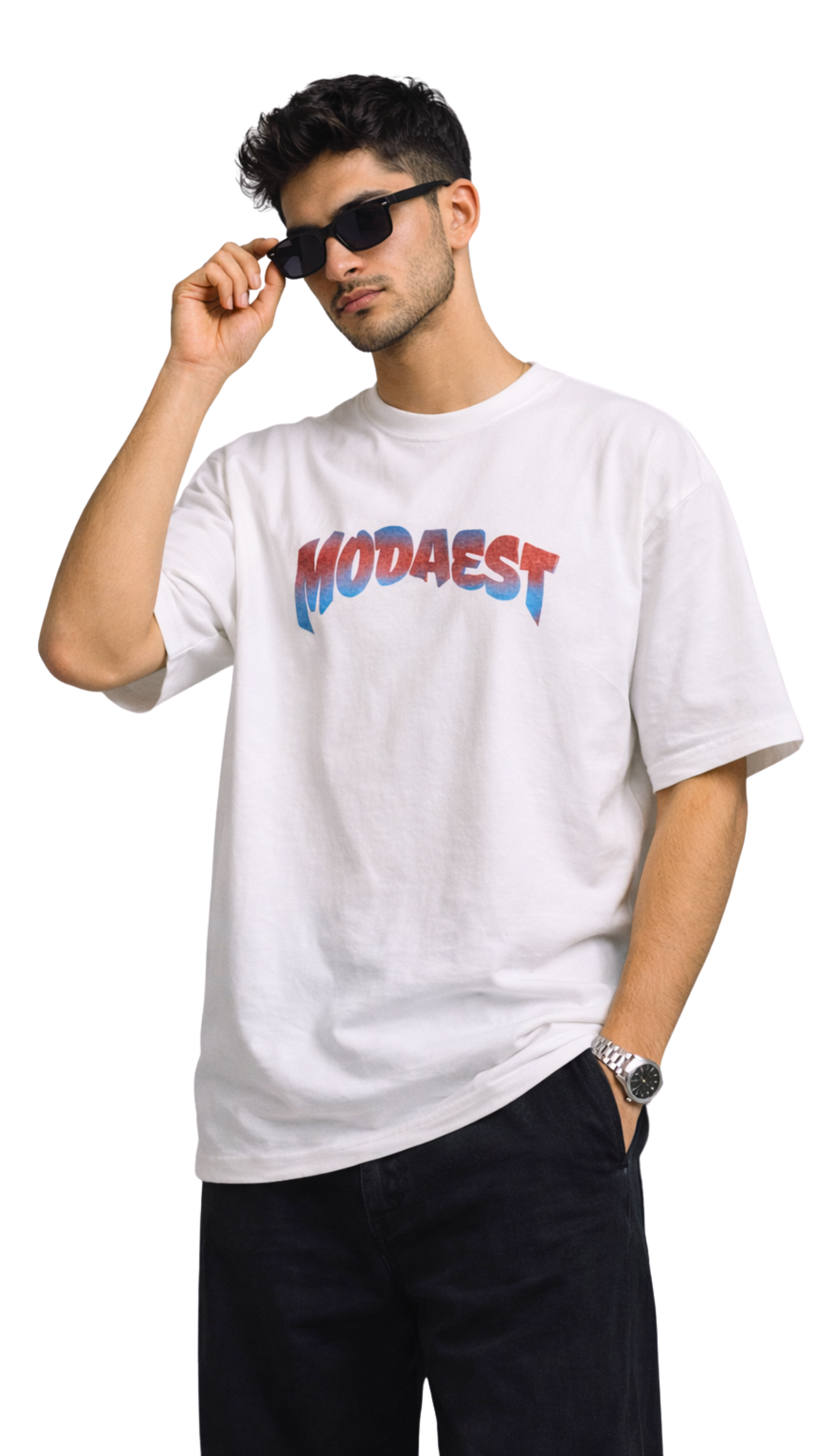 White oversized t-shirt featuring "Unholy Kiss" graphic design by Modaest.