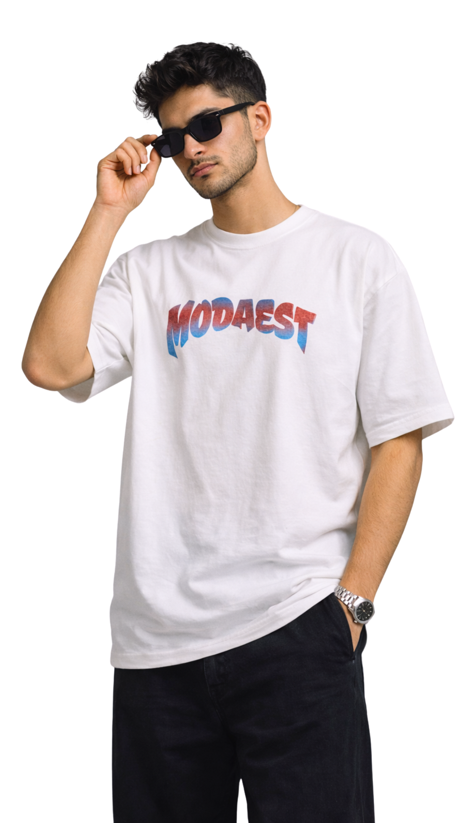 White oversized t-shirt featuring "Unholy Kiss" graphic design by Modaest.