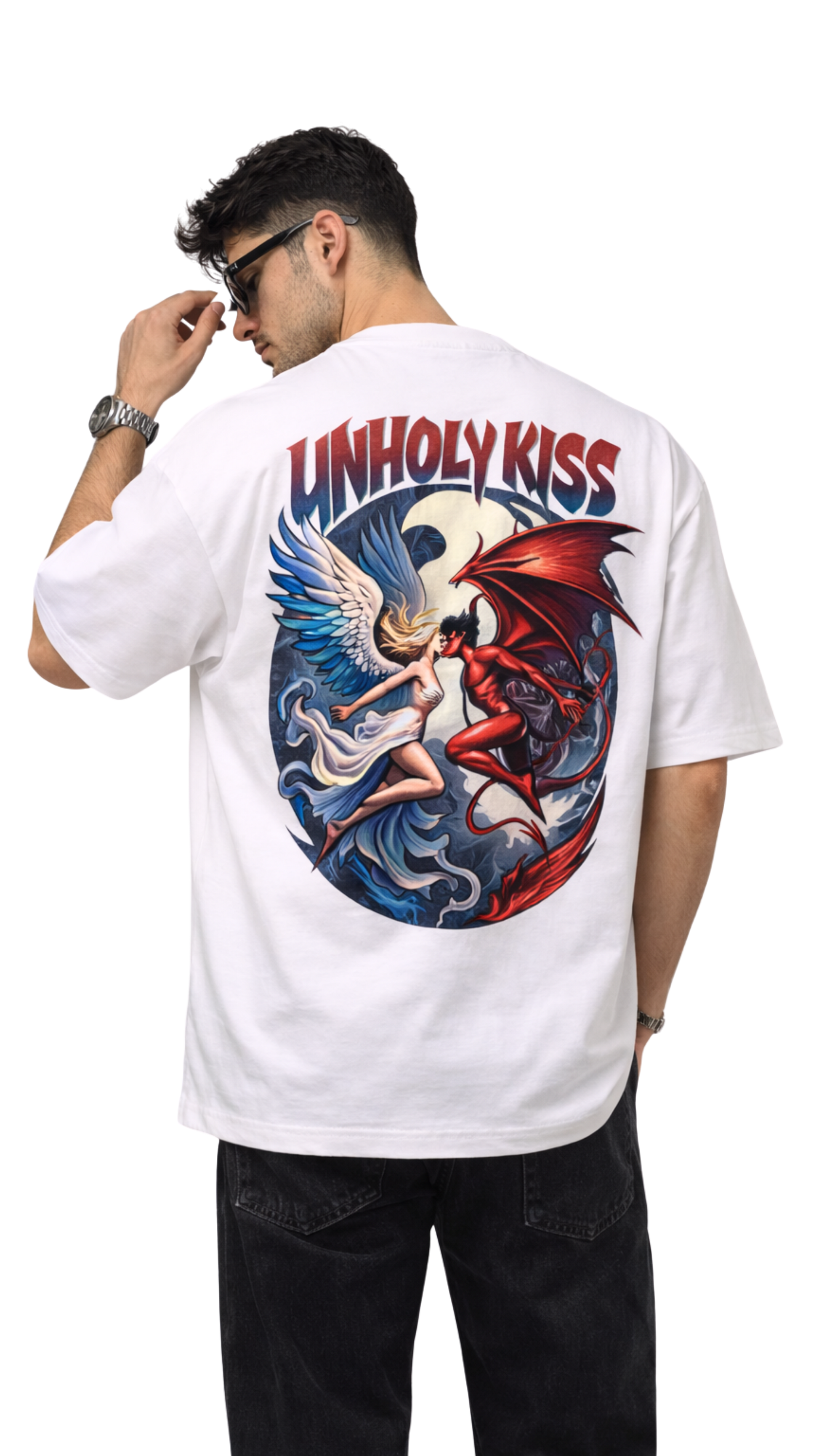 White oversized Unholy Kiss t-shirt by Modaest featuring bold graphic design and relaxed fit.