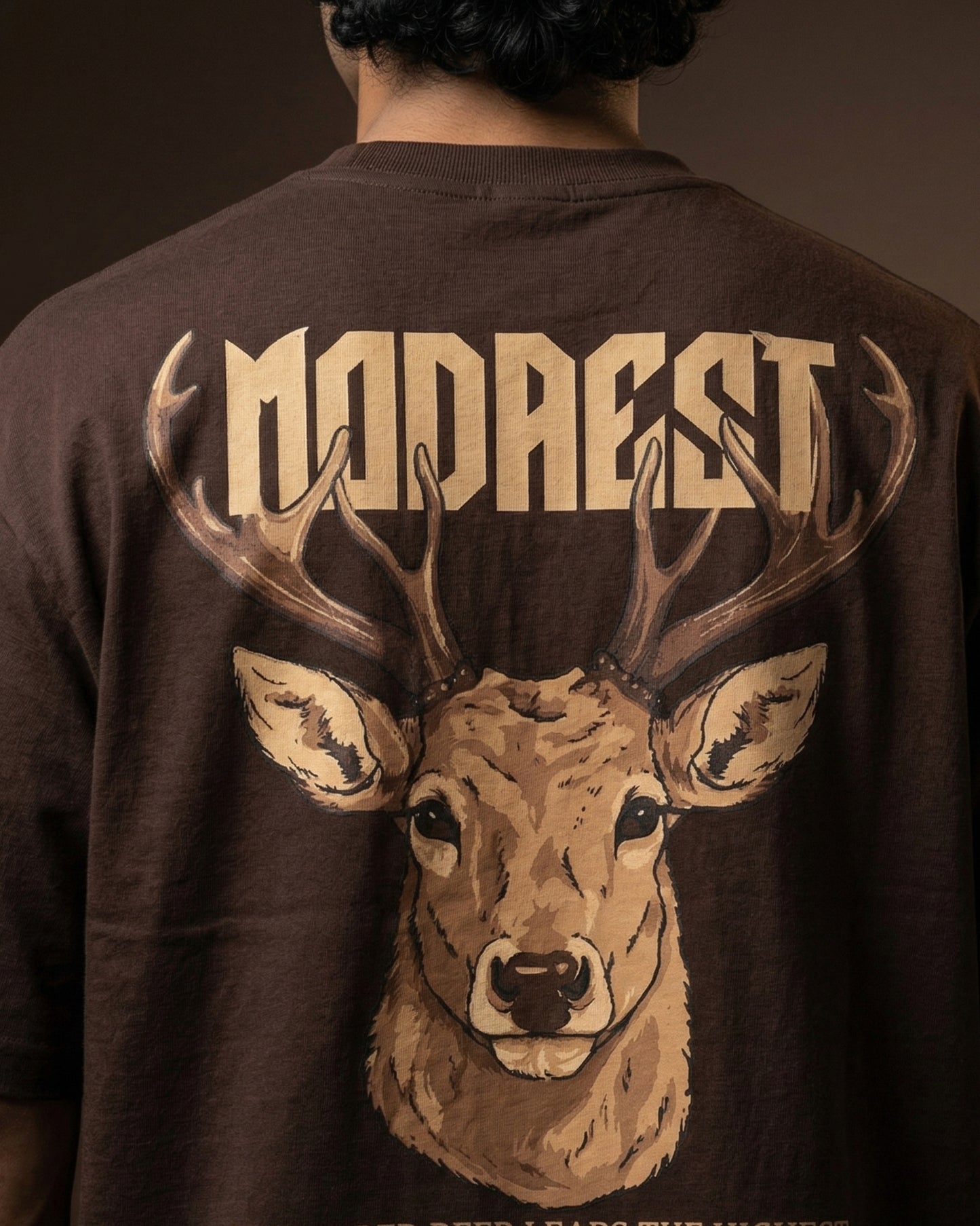 Modaest Apex Stag oversized T-shirt featuring a bold stag graphic on soft, comfortable fabric, perfect for casual wear.