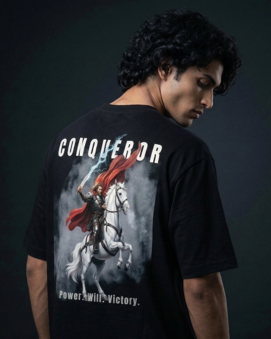 Oversized Conqueror T-shirt by Modaest featuring bold graphic design on soft fabric, casual streetwear style.