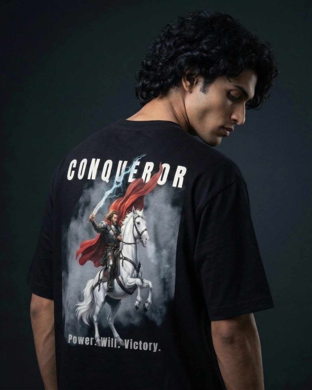 Oversized Conqueror T-shirt by Modaest featuring bold graphic design on soft fabric, casual streetwear style.