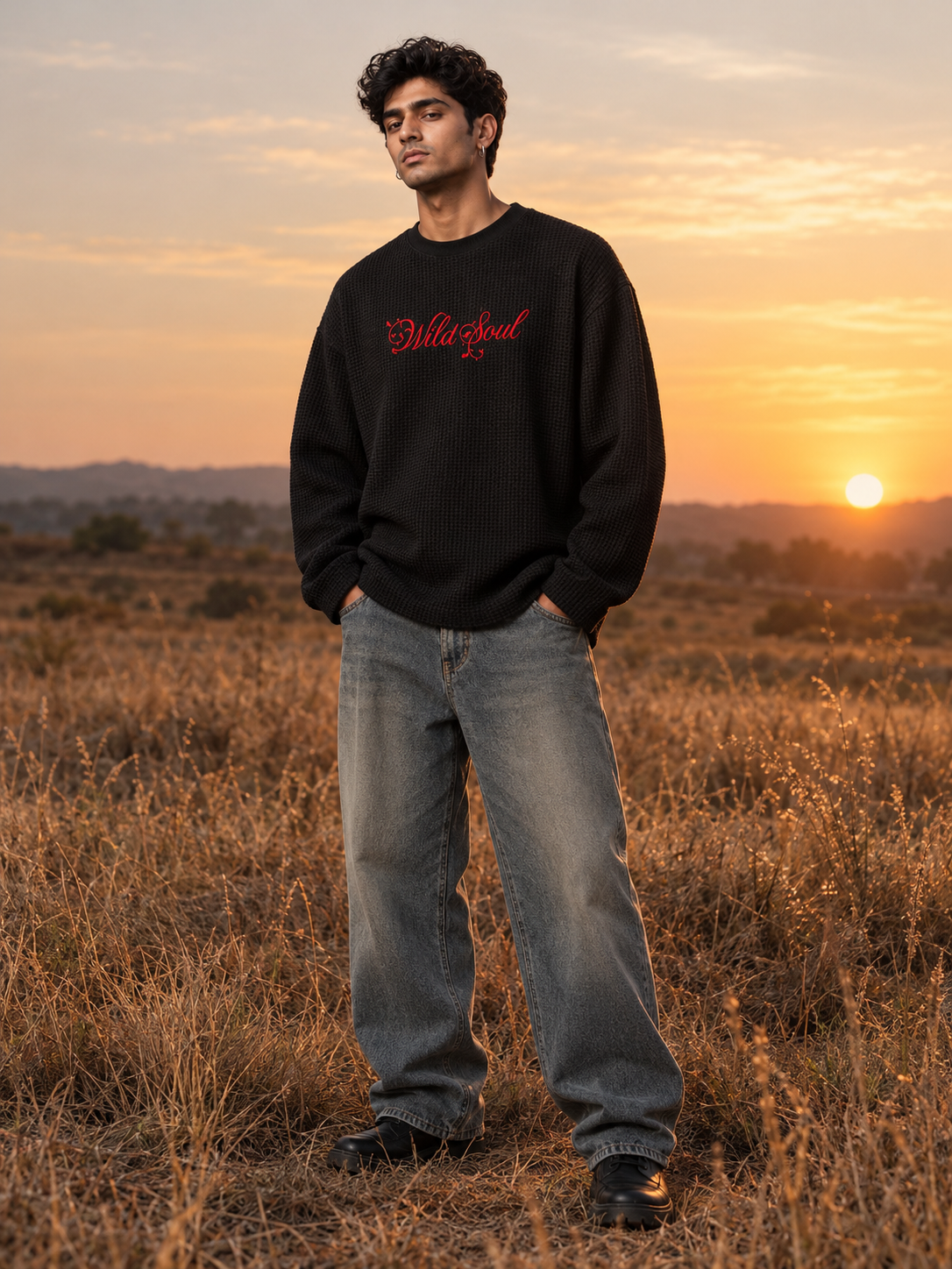 A man standing in a dry grass field at sunset wearing a black crewneck sweatshirt with red cursive text on the chest, paired with light blue jeans.