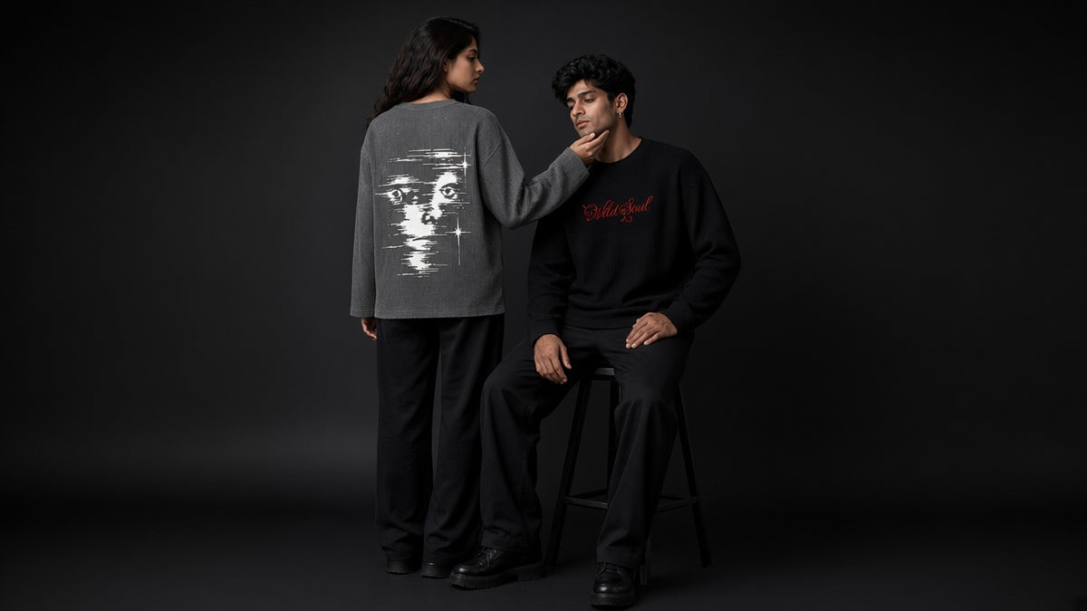 A man shows the Dead Ride back print and a woman shows the center-chest front print, both in white oversized T-shirts