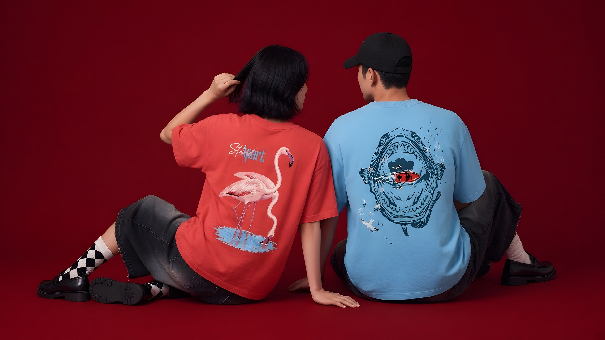 A man in the sky-blue No Wake tee and a woman in the red Stand Apart tee, both showing the back print