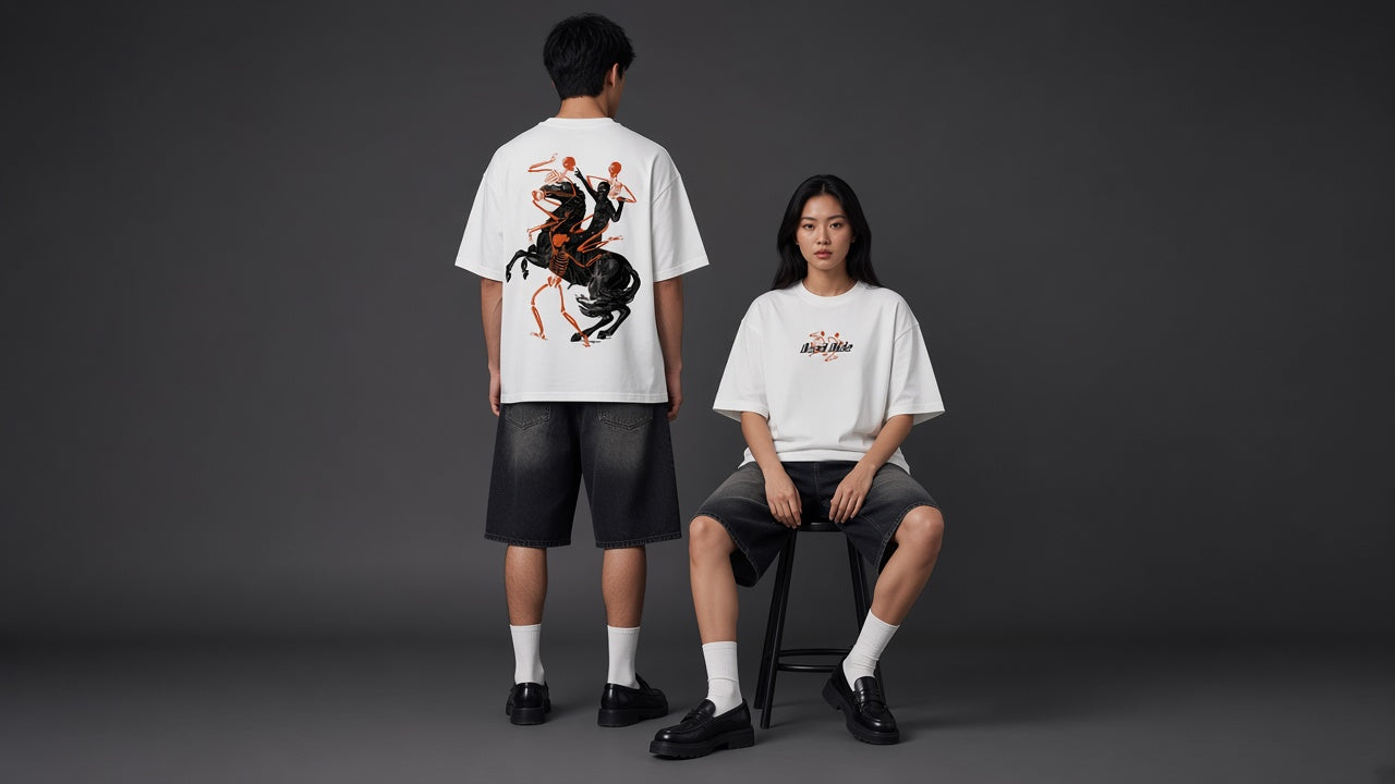 A man shows the Dead Ride back print and a woman shows the center-chest front print, both in white oversized T-shirts
